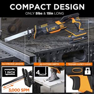 MOTORHEAD 20V ULTRA Cordless Reciprocating Saw, Lithium-Ion, Tool-Free Blade Change & Guard, 1” Stroke, 0-3000 SPM, Variable Speed Trigger, 2Ah Battery, Quick Charger, Bag, 2 Blades, USA-Based
