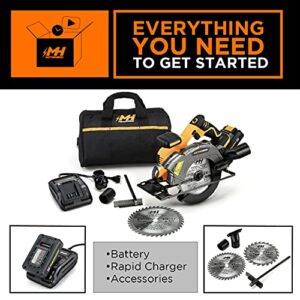 MOTORHEAD 20V ULTRA 6-1/2 inch Cordless Circular Saw, Lithium-Ion, Laser Guide, LED, Rip Fence, 0-50 Bevel, 2Ah Battery & Quick Charger, Bag, 2 Blades Included, 24T, 40T, USA-Based