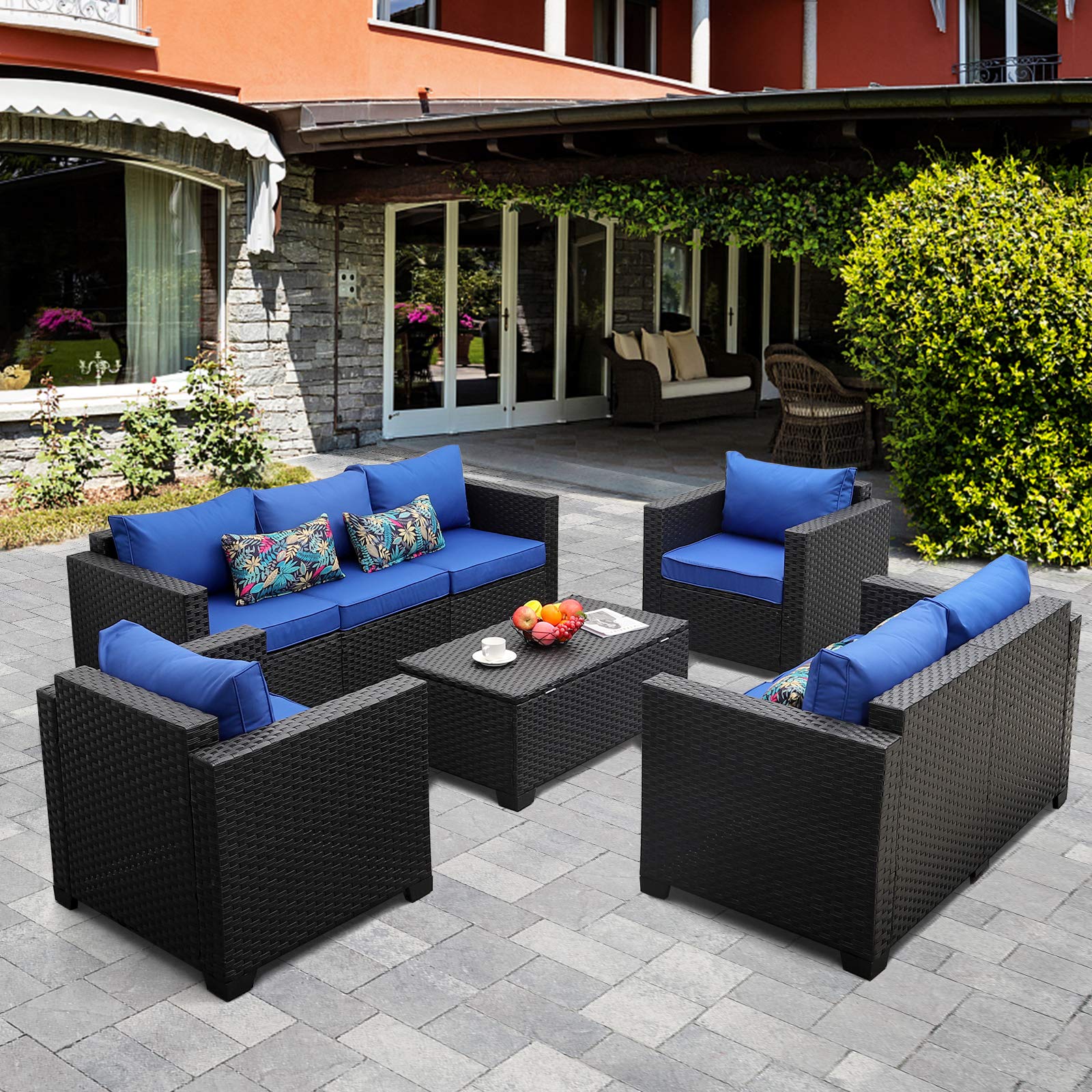 Rattaner Outdoor Wicker Furniture Set 5 Pieces Patio Sectional Sofa Couch Set with Storage Table Royal Blue Anti-Slip Cushions Furniture Covers