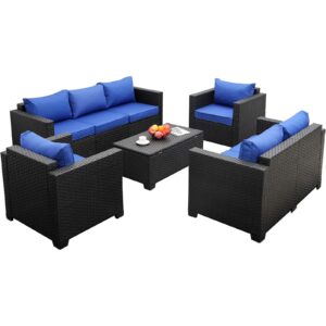 Rattaner Outdoor Wicker Furniture Set 5 Pieces Patio Sectional Sofa Couch Set with Storage Table Royal Blue Anti-Slip Cushions Furniture Covers