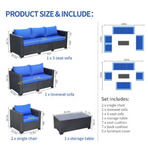 Rattaner Outdoor Wicker Furniture Set 5 Pieces Patio Sectional Sofa Couch Set with Storage Table Royal Blue Anti-Slip Cushions Furniture Covers