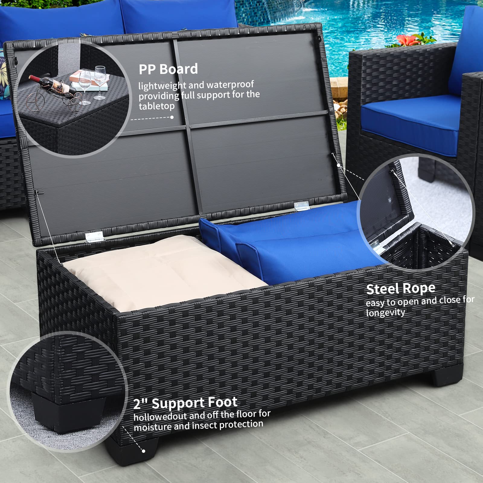 Rattaner Outdoor Wicker Furniture Set 5 Pieces Patio Sectional Sofa Couch Set with Storage Table Royal Blue Anti-Slip Cushions Furniture Covers