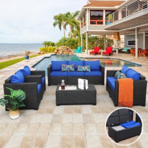 Rattaner Outdoor Wicker Furniture Set 5 Pieces Patio Sectional Sofa Couch Set with Storage Table Royal Blue Anti-Slip Cushions Furniture Covers