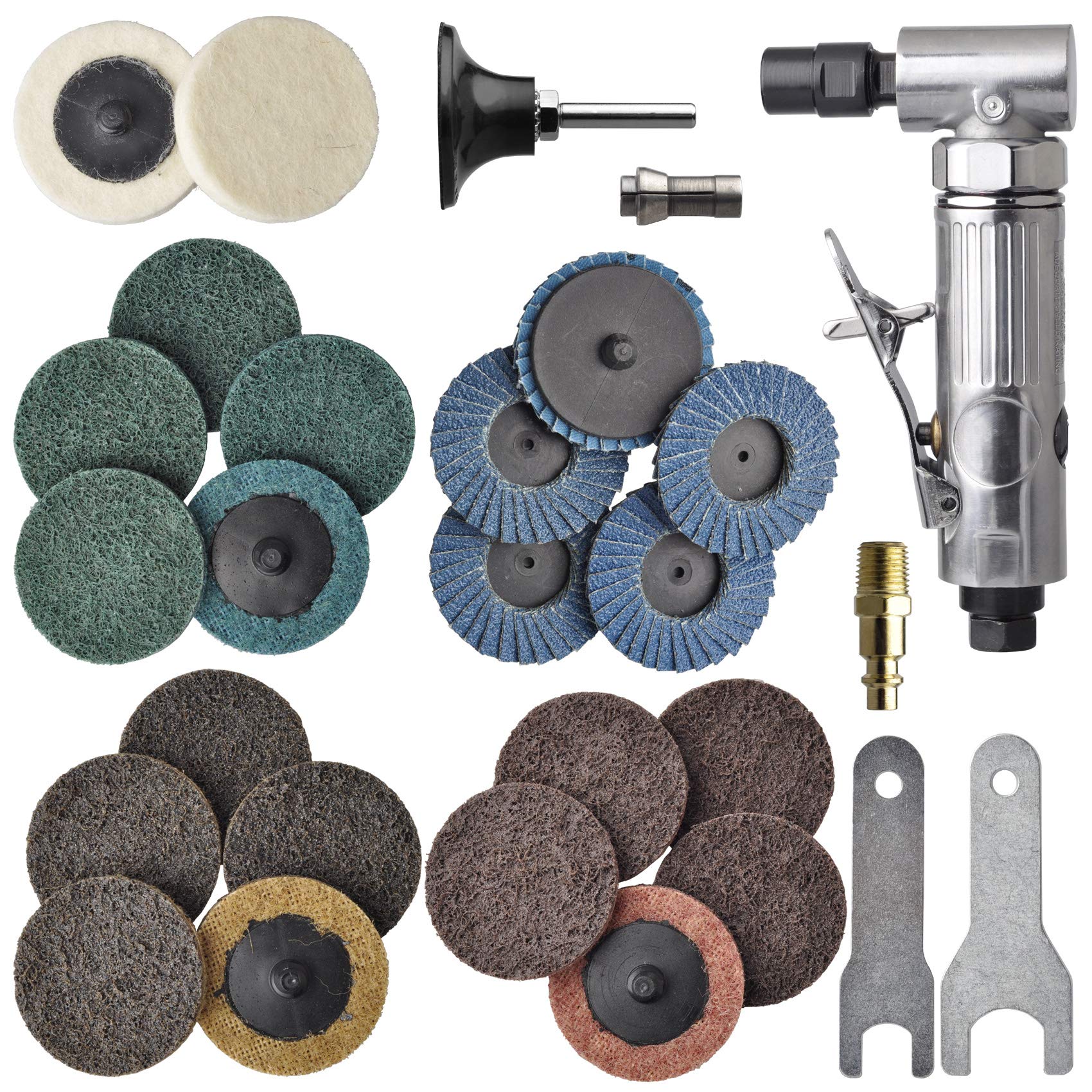 TOOLPEAK 1/4 inch angle air die grinder with 22 pcs 2-inch roll lock sanding discs, polished color angle pneumatic die grinder, air die grinder kit