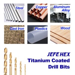 JEFE HEX 1/4" HSS Twist Titanium Drill Bits, Hex Shank for Quick Change, 135 Degree Easy Cut Split Point Drill Bit for Steel, Copper, Aluminum, Zinc Alloy, Wood, and Plastics (Pack of 2).