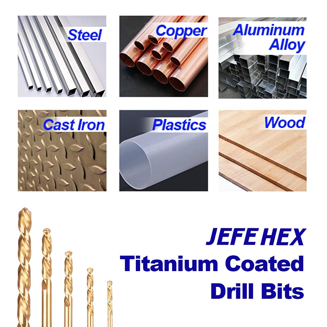 JEFE HEX 1/4" HSS Twist Titanium Drill Bits, Hex Shank for Quick Change, 135 Degree Easy Cut Split Point Drill Bit for Steel, Copper, Aluminum, Zinc Alloy, Wood, and Plastics (Pack of 2).