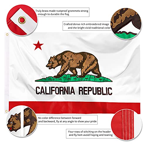 XIFAN Premium California State Flag 4x6 - Embroidered Heavy Duty 300D Nylon Strongest Longest Lasting - CA Republic Bear Flag Outdoor - Vibrant Print Waterproof