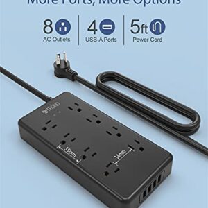 Surge Protector Power Strip, TROND 5ft Extension Cord with 8 Outlets and 4 USB Ports, 4000 Joules, Heavy Duty, Low-Profile Flat Plug, Mountable, ETL Listed, for Home, Office, Kitchen Black