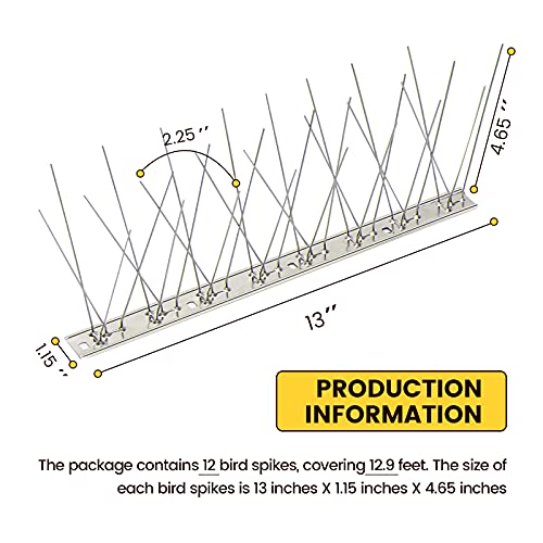 KKY 12 Pack Bird Spikes –13 inch Anti-Bird Nails Bird Repellent Metal Stainless Steel Bird Spikes for Pigeon and Other Small Birds(12.9 Feet)…