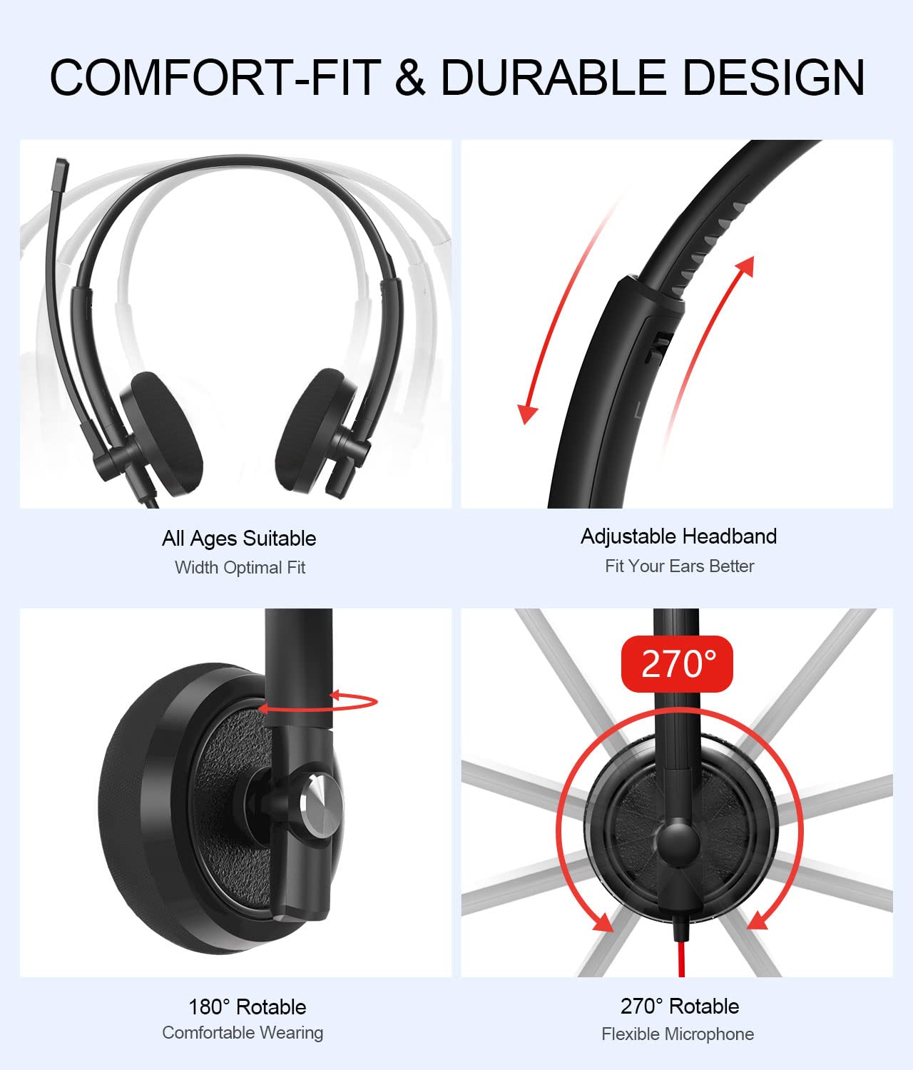 HROEENOI Noise-Cancelling USB Headset - Premium Wired PC and Laptop Headphones - Optimal for Zoom, Skype, Home Office, Call Centers, E-Learning - 5-Year Warranty