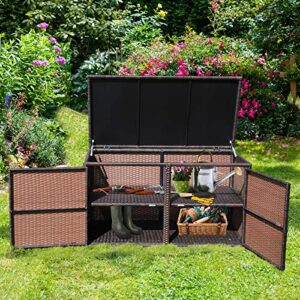 HAPPYGRILL Deck Box Outdoor Wicker Storage Box Cabinet 88 Gallon Storage Container Bin Box for Toys Furniture Tools in Garden Balcony Porch Yard