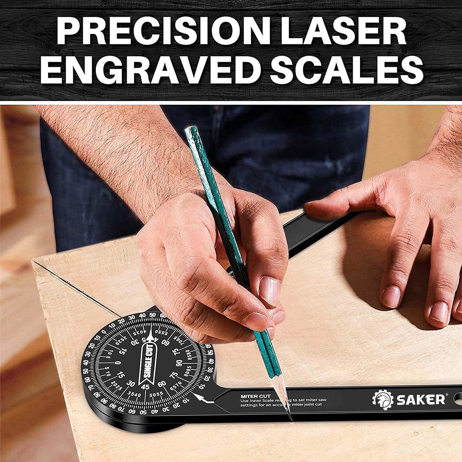 Saker Miter Saw Protractor|7-Inch Aluminum Protractor Angle Finder Featuring Precision Laser-Inside & Outside Miter Angle Finder for Carpenters, Plumbers and All Building Trades (Black)