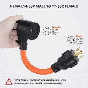 boeemi 3 Prong 30 Amp to 30 Amp RV Generator Adapter Cord,L14-30P Locking Male Plug to TT-30R Female,12 Inch STW 10/3 Orange