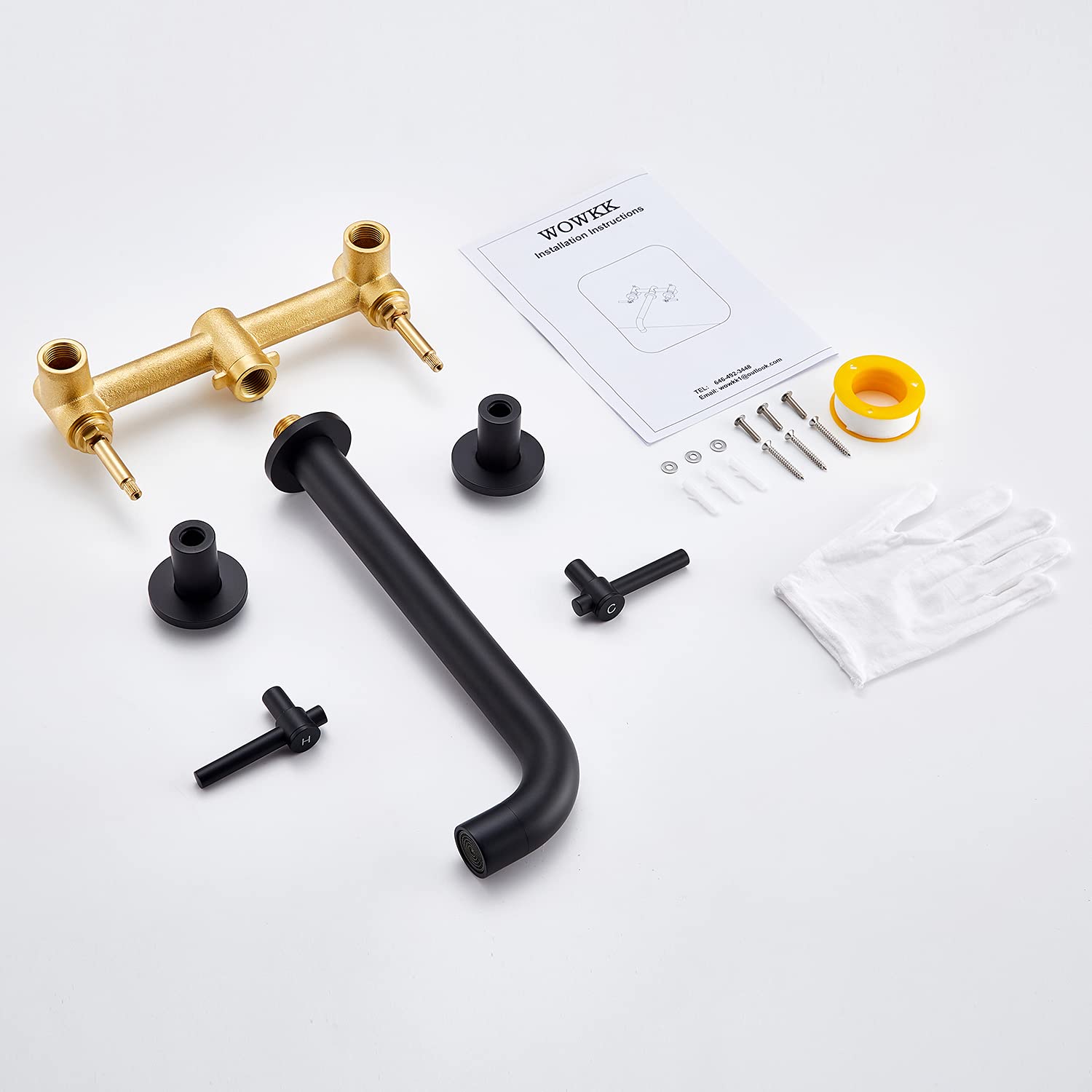 Wowkk Wall Mount Tub Filler Black Tub Faucet Brass Bathroom Bathtub Faucets with 2 Handles