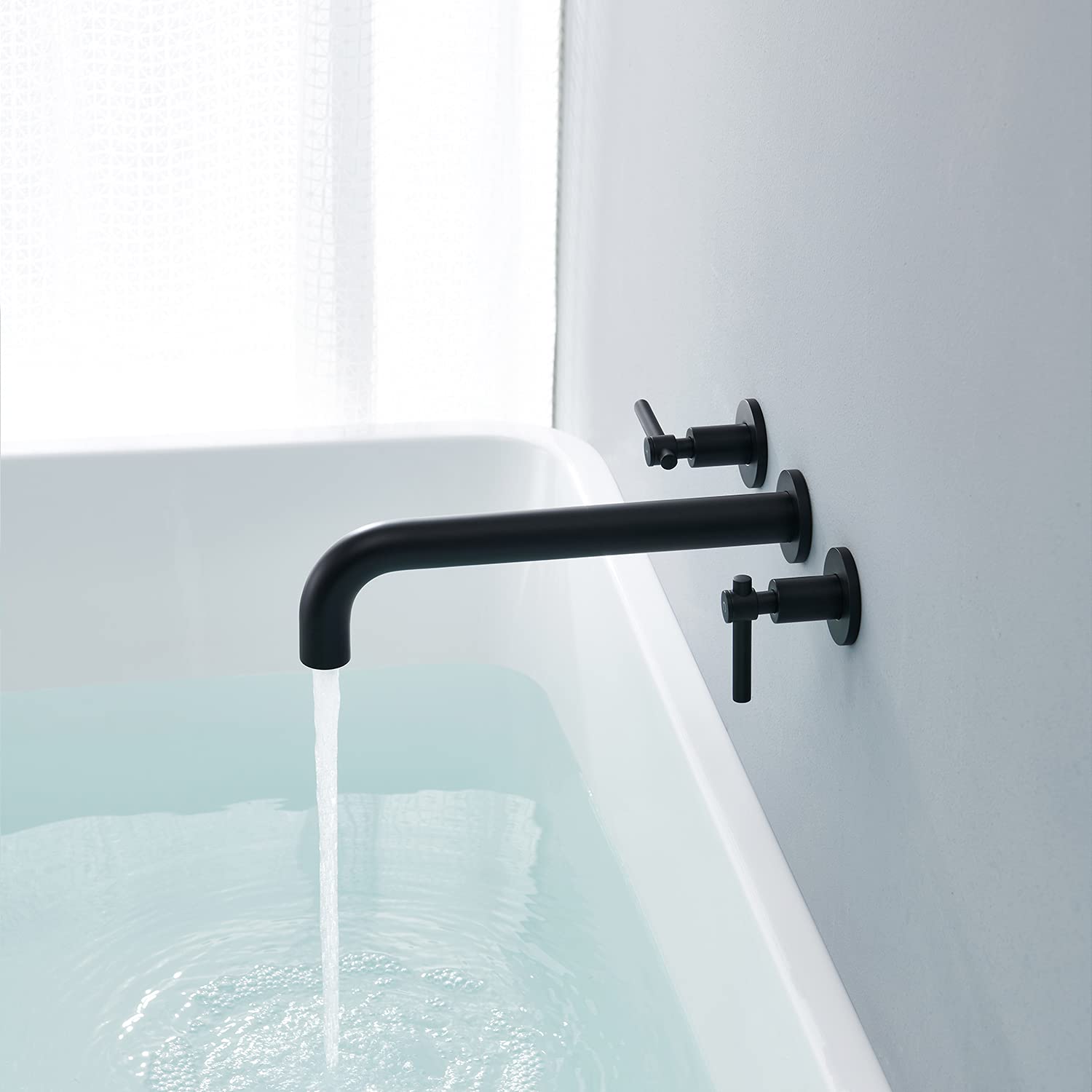 Wowkk Wall Mount Tub Filler Black Tub Faucet Brass Bathroom Bathtub Faucets with 2 Handles