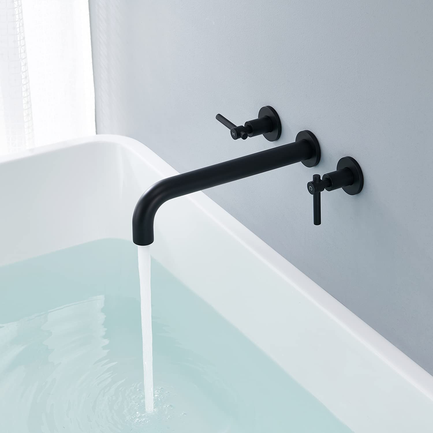 Wowkk Wall Mount Tub Filler Black Tub Faucet Brass Bathroom Bathtub Faucets with 2 Handles