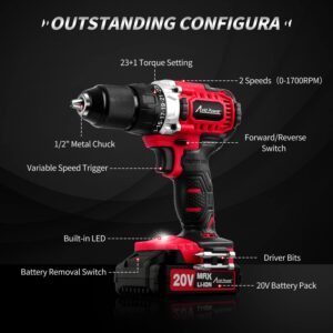 AVID POWER Brushless Drill Set, 20V Cordless Drill Driver Kit with 2.0Ah Battery and Fast Charger, 1/2-Inch Metal Chuck, 400 In-lbs Torque, 2-Variable Speed, 28pcs Accessories and Tool Bag