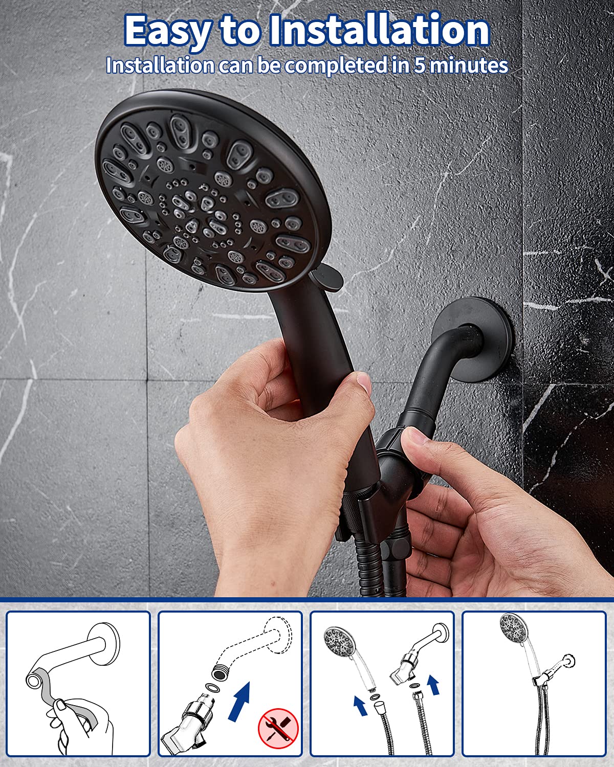 High Pressure Handheld Shower Head VMASSTONE 7-Spray Setting Showerhead Kit with 59" Stainless Steel Hose and Adjustable Mount for Showering Enjoyment Even at Low Water Flow (HM-002 Matte Black)