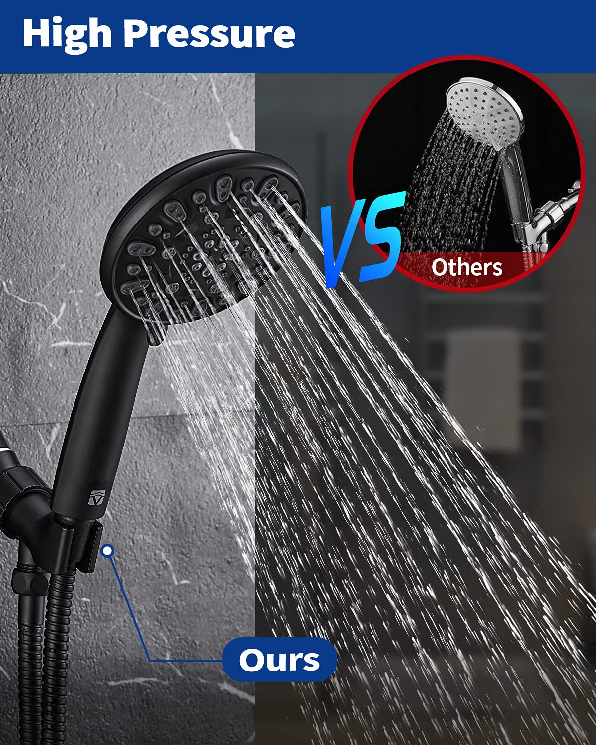 High Pressure Handheld Shower Head VMASSTONE 7-Spray Setting Showerhead Kit with 59" Stainless Steel Hose and Adjustable Mount for Showering Enjoyment Even at Low Water Flow (HM-002 Matte Black)