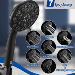 High Pressure Handheld Shower Head VMASSTONE 7-Spray Setting Showerhead Kit with 59" Stainless Steel Hose and Adjustable Mount for Showering Enjoyment Even at Low Water Flow (HM-002 Matte Black)