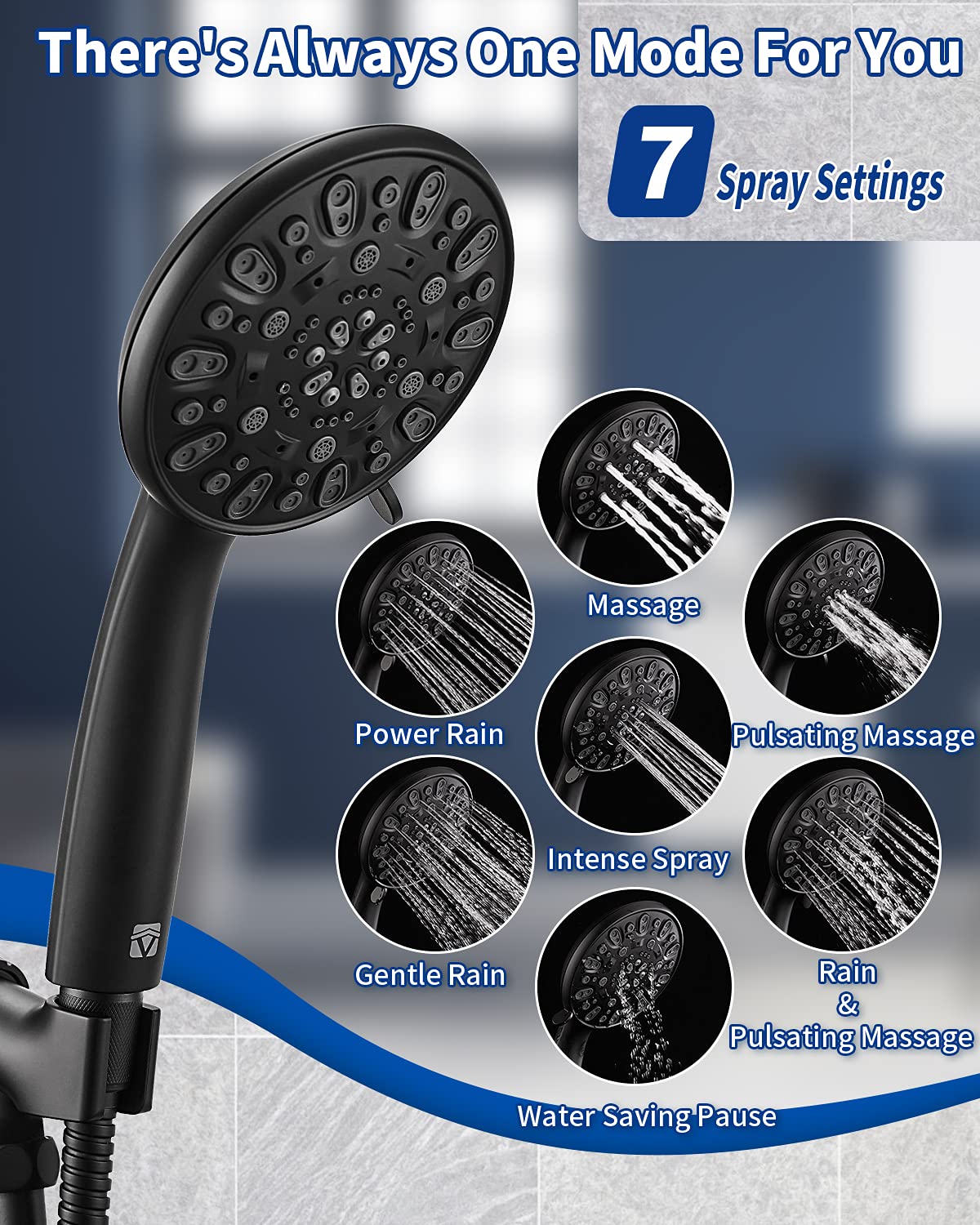 High Pressure Handheld Shower Head VMASSTONE 7-Spray Setting Showerhead Kit with 59" Stainless Steel Hose and Adjustable Mount for Showering Enjoyment Even at Low Water Flow (HM-002 Matte Black)