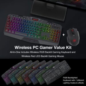 Redragon S101 Wireless Gaming Keyboard and Mouse Combo, RGB LED Backlit Keyboard, and Red Illuminated Mouse for Windows PC Gamer