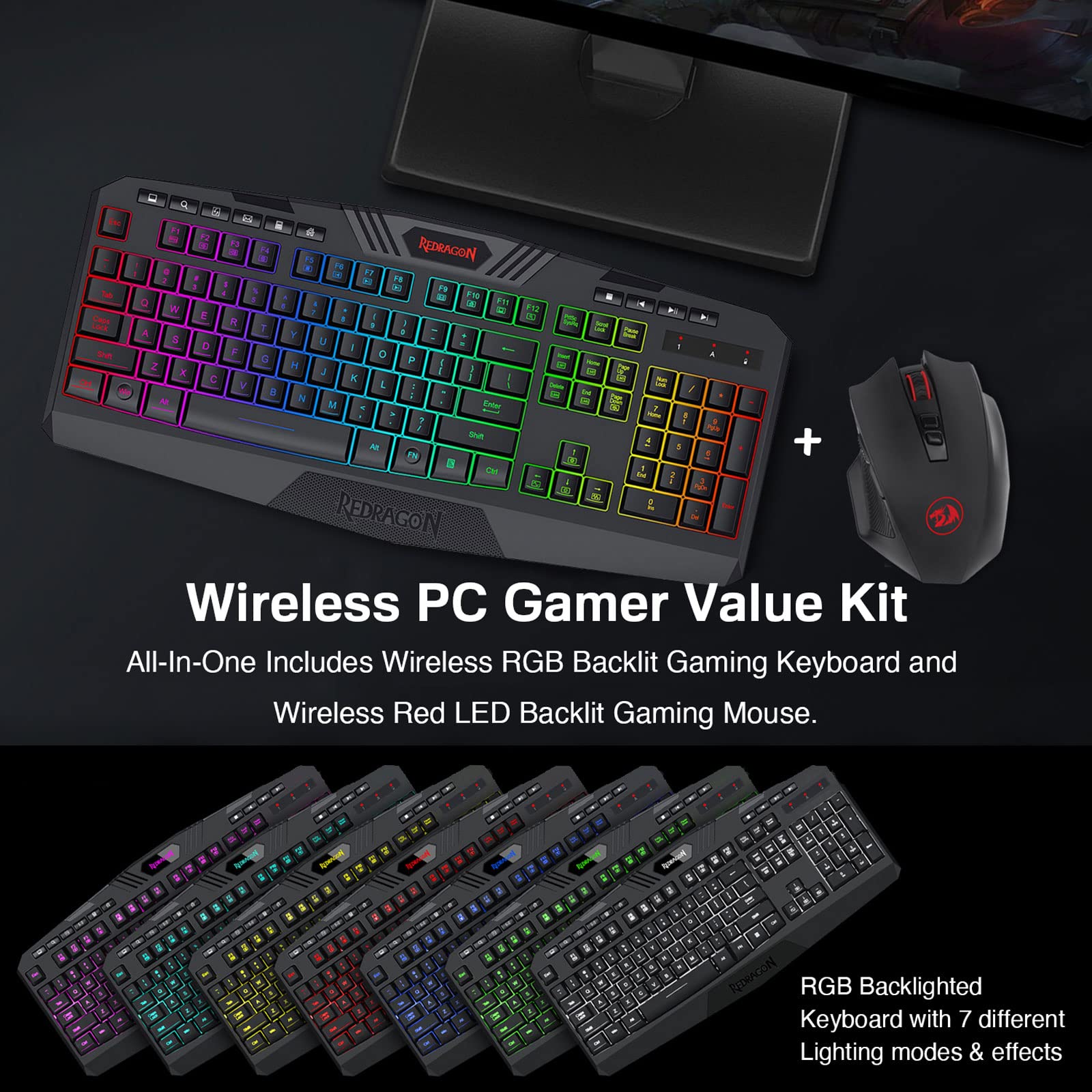 Redragon S101 Wireless Gaming Keyboard and Mouse Combo, RGB LED Backlit Keyboard, and Red Illuminated Mouse for Windows PC Gamer