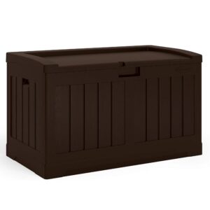 suncast 50 gallon medium capacity all weather construction resin outdoor storage deck box with bench seat and lid for patio, garden, or pool, java