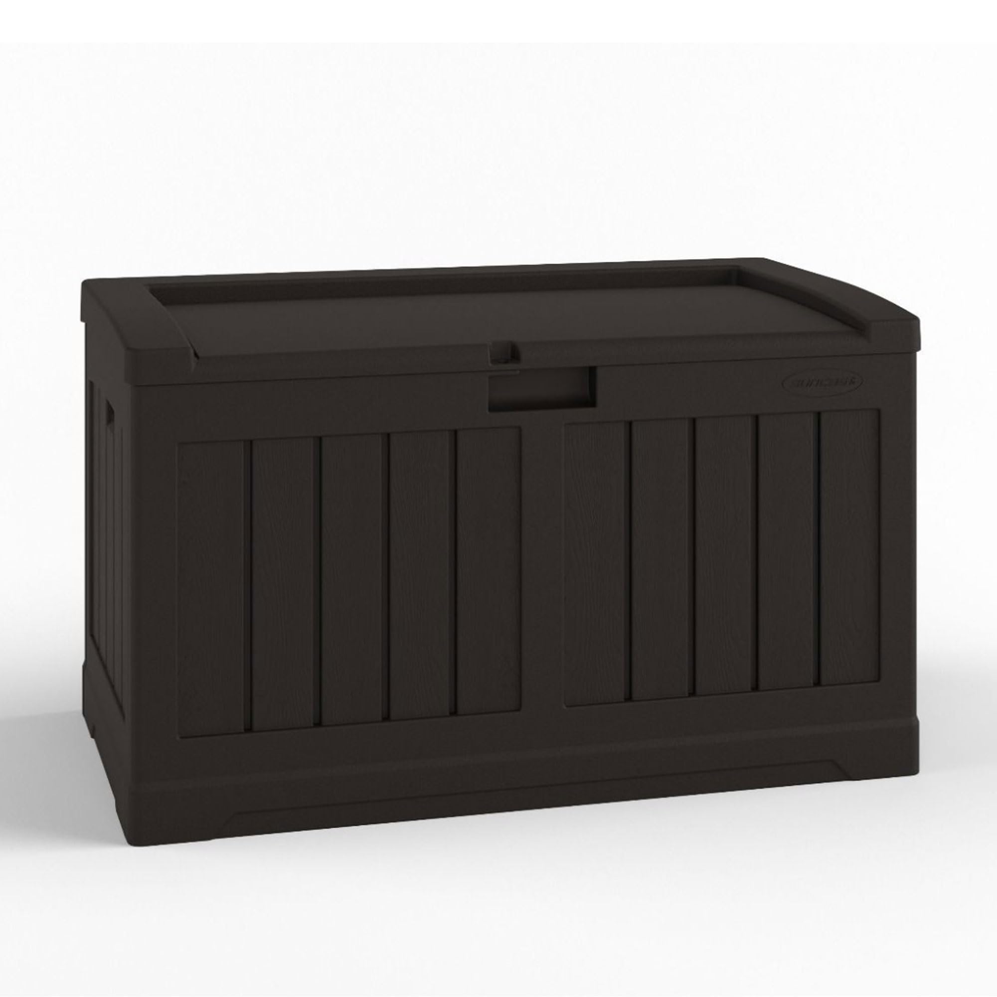 Suncast 50 Gallon Medium Capacity All Weather Construction Resin Outdoor Storage Deck Box with Bench Seat and Lid for Patio, Garden, or Pool, Java