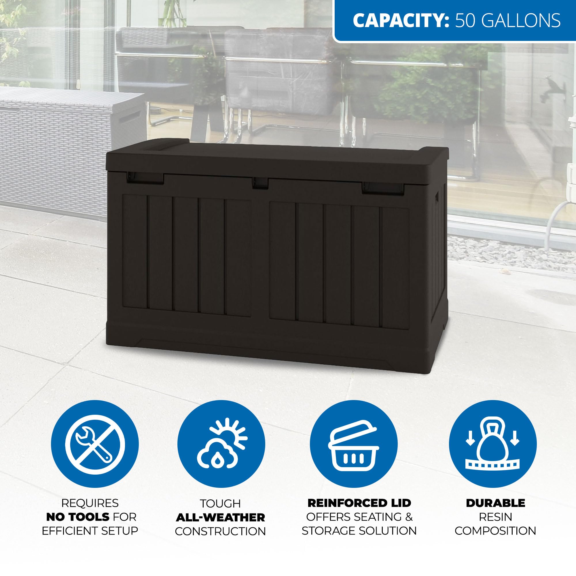 Suncast 50 Gallon Medium Capacity All Weather Construction Resin Outdoor Storage Deck Box with Bench Seat and Lid for Patio, Garden, or Pool, Java