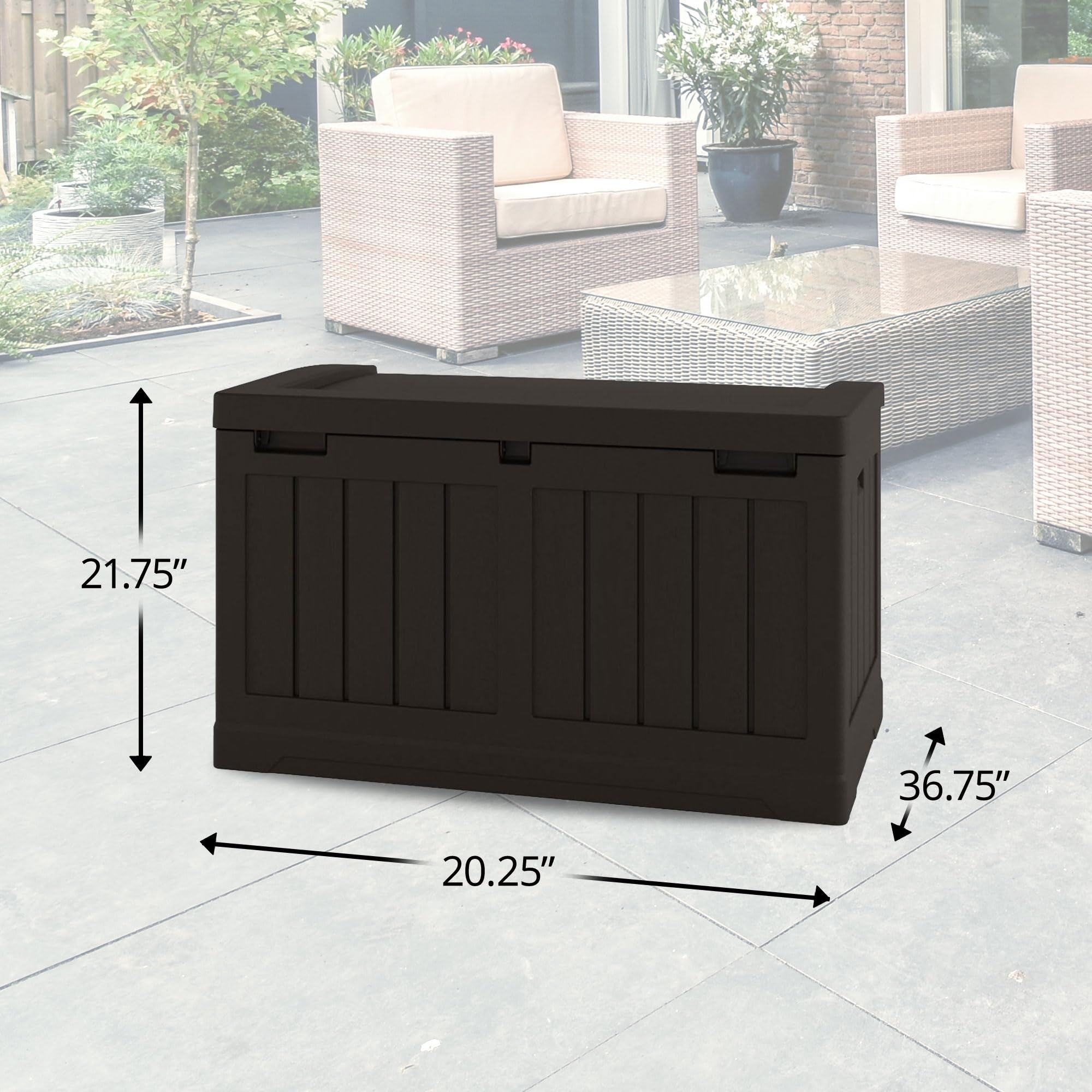 Suncast 50 Gallon Medium Capacity All Weather Construction Resin Outdoor Storage Deck Box with Bench Seat and Lid for Patio, Garden, or Pool, Java