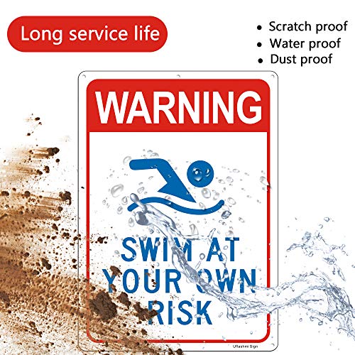 Uflashmi Warning Swim at Your Own Risk Pool Sign, Metal Pool signs for Outdoor, 10X14 in