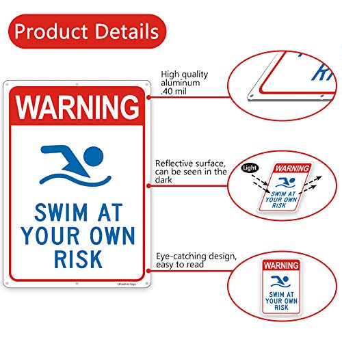 Uflashmi Warning Swim at Your Own Risk Pool Sign, Metal Pool signs for Outdoor, 10X14 in