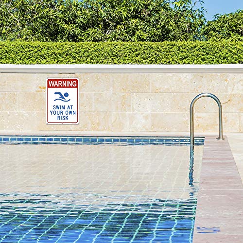 Uflashmi Warning Swim at Your Own Risk Pool Sign, Metal Pool signs for Outdoor, 10X14 in