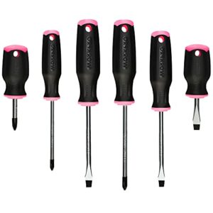 workpro 6-piece pink magnetic screwdrivers set, includes 3 slotted & 3 phillips screwdrivers, stubby screwdrivers, hand tool kit for woman-pink ribbon