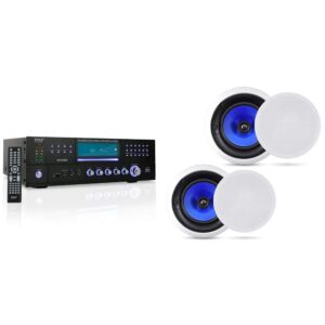 pyle 4-channel wireless bluetooth power amplifier home audio receiver bundle with pyle home 2-way in-wall in-ceiling speaker system