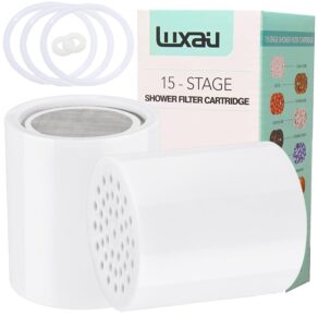 luxau 4 pc 18 stage shower filter replacement cartridge, shower filter refill cartridge, for hard water chlorine heavy metal impurity, improve skin hair, fit any similar filter replacement cartridge