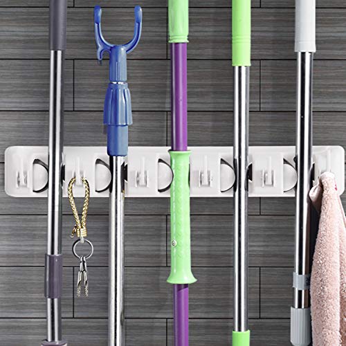 Xiloccer Renatone Mop and Broom Holder Wall Mount, Heavy Duty Organizer Storage Hooks Mounted, Commercial Rack 5 Slots & 6 Hooks, Hanging Tools for Home, Garden, Garage, White, 15 x 3.5 x 2.5 inches