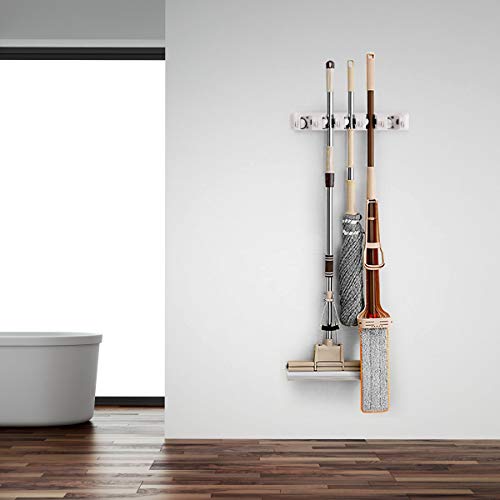 Xiloccer Renatone Mop and Broom Holder Wall Mount, Heavy Duty Organizer Storage Hooks Mounted, Commercial Rack 5 Slots & 6 Hooks, Hanging Tools for Home, Garden, Garage, White, 15 x 3.5 x 2.5 inches