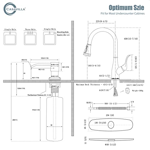 Casavilla Kitchen Faucet with Soap Dispenser, Faucet for Kitchen Sink, Single Handle Stainless Steel Kitchen Sink Faucets with Pull Down Sprayer and Deck Plate, RV Sink Faucet, Nickel Brushed