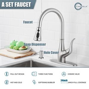 Casavilla Kitchen Faucet with Soap Dispenser, Faucet for Kitchen Sink, Single Handle Stainless Steel Kitchen Sink Faucets with Pull Down Sprayer and Deck Plate, RV Sink Faucet, Nickel Brushed