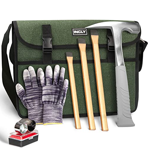 INCLY 7 PCS Geology Rock Pick Hammer Kit, with 22oz Hammer and 3 PCS Digging Chisels Set for Rock Hounding, Gold Mining & Prospecting Equipment Tool with Musette Bag, jewelers loupe, Gloves