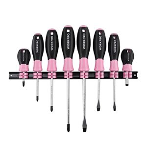 workpro magnetic screwdrivers set, 8-piece pink hand tools for womens, includes philips, flathead, slotted, stubby screwdrivers with organizer rack - pink ribbon