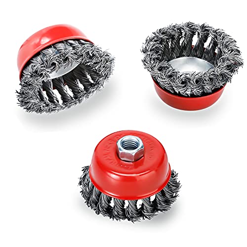 Patioer 10 Pack Knotted Wire Cup Brush with 5/8 Inch-11 Threaded Arbor 3 Inch Wire Wheels Brush, 0.020" Carbon Steel for Grinders