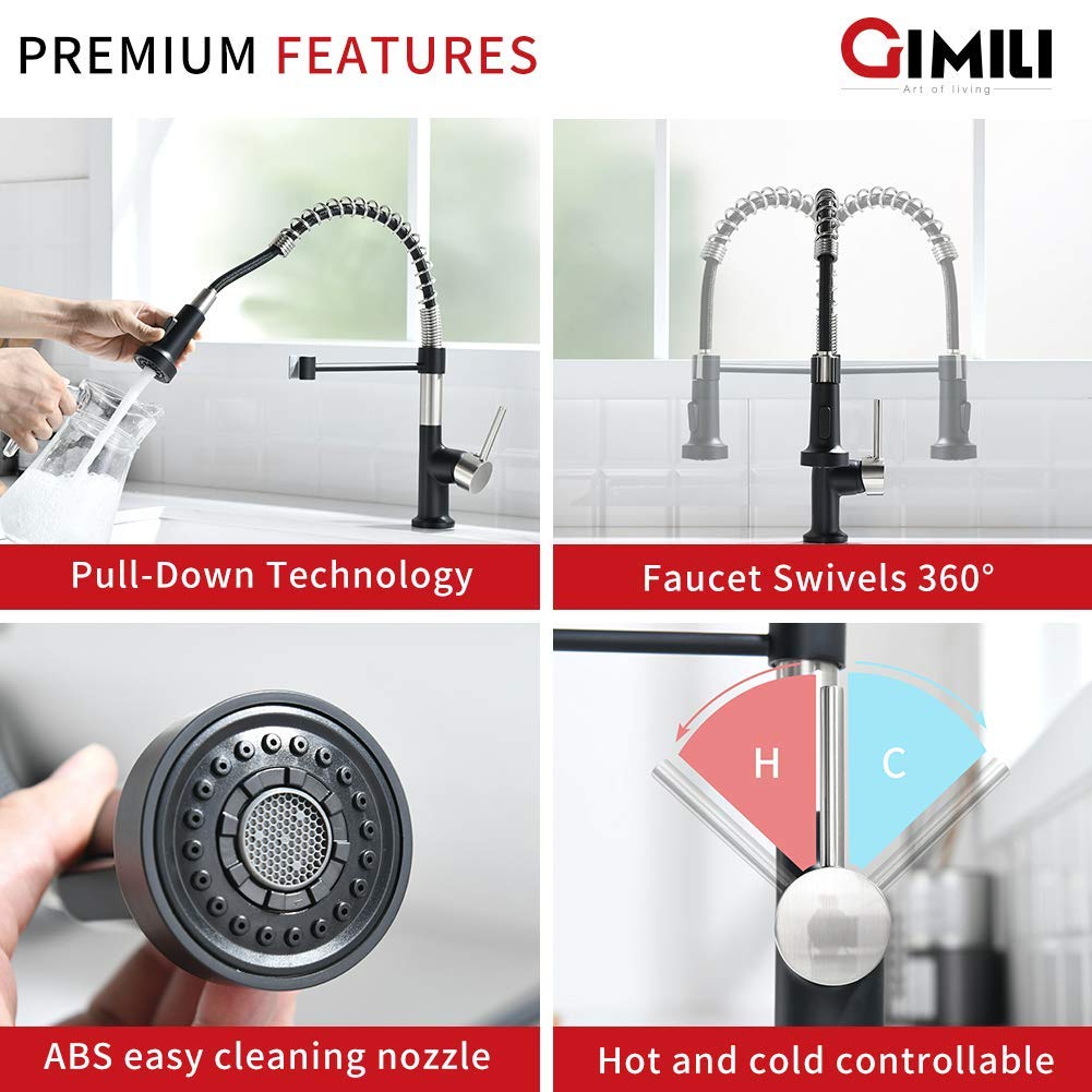 GIMILI Spring Kitchen Sink Faucet with Soap Dispenser Matte Black&Brushed Nickel