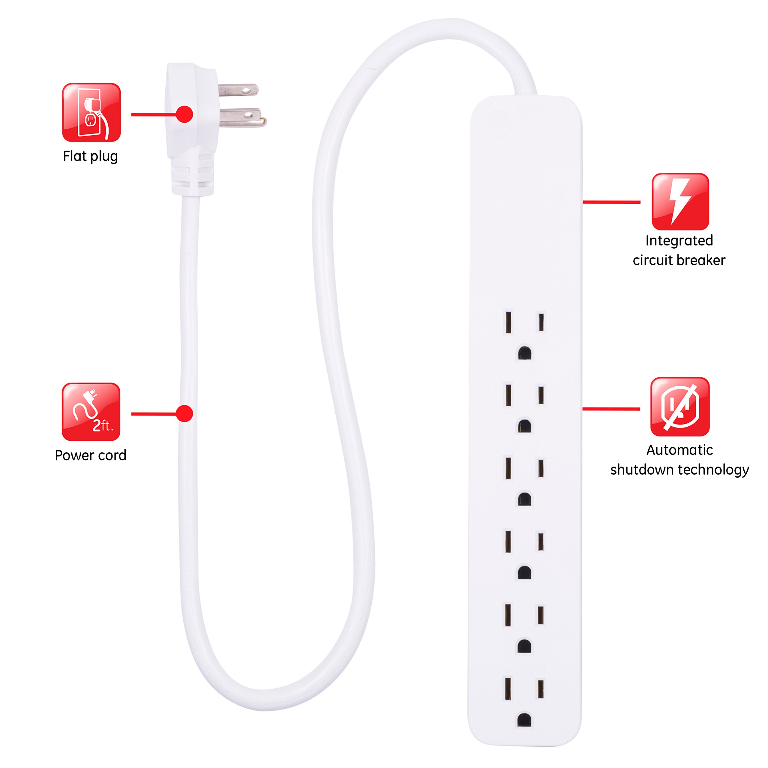 GE UltraPro 6 Outlet Surge Protector with 2ft Extension Cord, Flat Plug & Power Strip Surge Protector, White, 40532