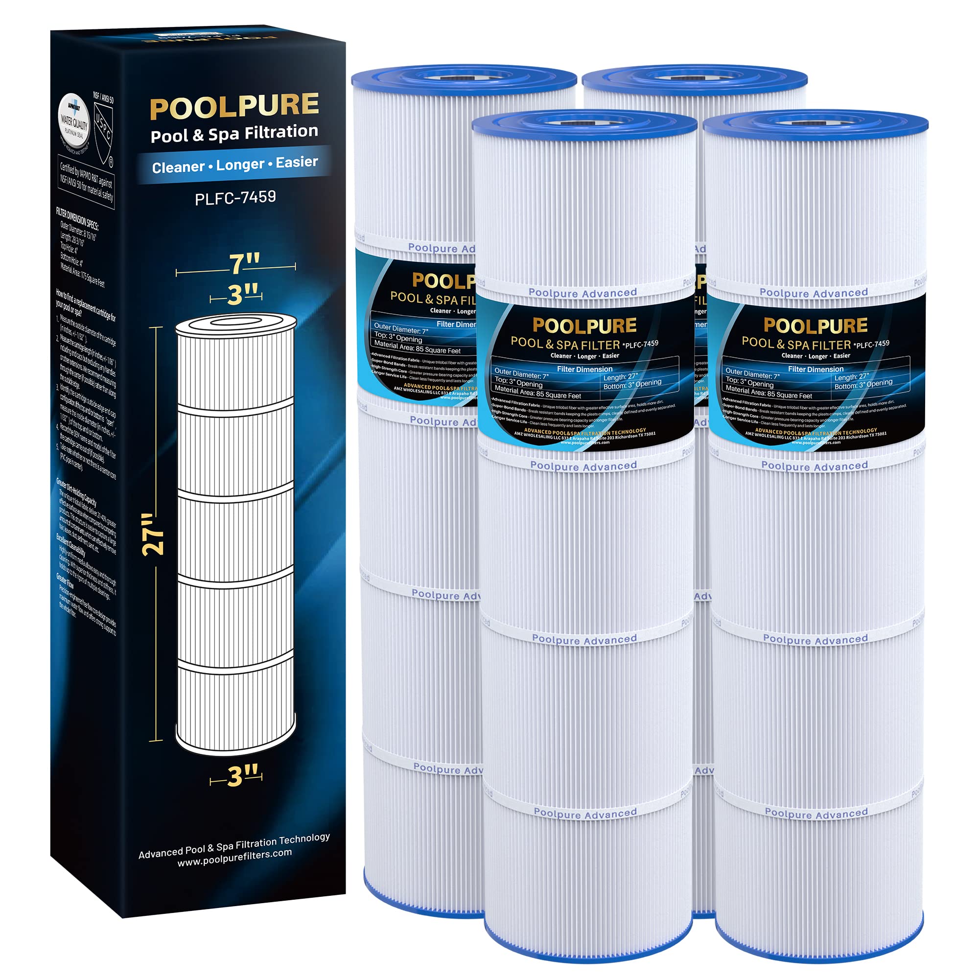 POOLPURE C-7459 Filter Replaces Jandy CL 340, PJAN85, Ultral-A8, Unicel C-7459, Filbur FC-6405, Filbur FC-0800, A0557900, R0554500, Aladdin 18504, APCC7352, 4X85 sq.ft Filter Cartridge 4 Pack