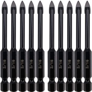 hymnorq 3/16 inch glass and tile drill bit 10pc set, yg6x tungsten carbide tipped spear cutter, 1/4 hex shank, painted surface, suitable for drilling ceramic mirror wood porcelain brick wall bottle