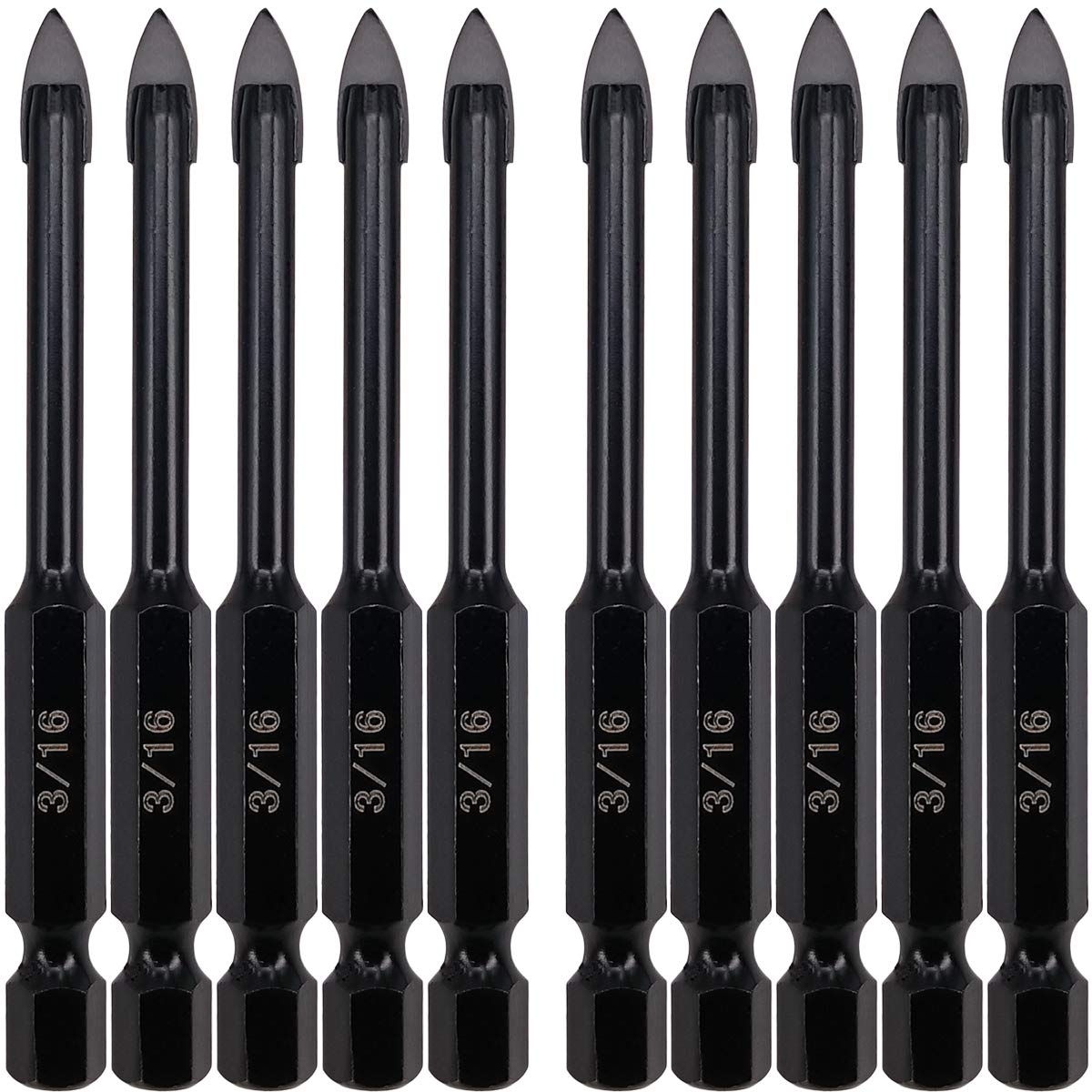 Hymnorq 3/16 Inch Glass and Tile Drill Bit 10pc Set, YG6X Tungsten Carbide Tipped Spear Cutter, 1/4 Hex Shank, Painted Surface, Suitable for Drilling Ceramic Mirror Wood Porcelain Brick Wall Bottle