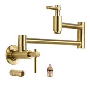 iviga wall mount pot filler, gold brass pot filler faucet with 2 handles, single hole stretchable faucet with double joint swing arm pot filler above stove